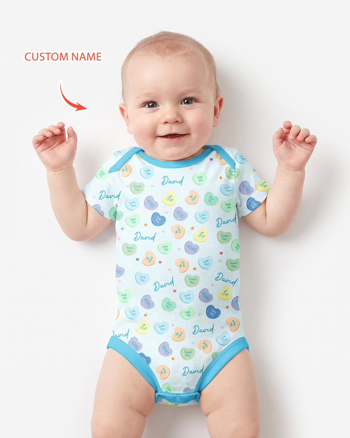 Custom Name Colorful Candy Hearts Family Matching Bamboo Bodysuit