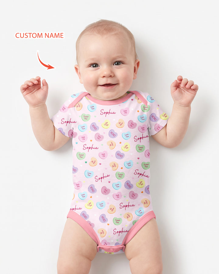 Custom Name Colorful Candy Hearts Family Matching Bamboo Bodysuit
