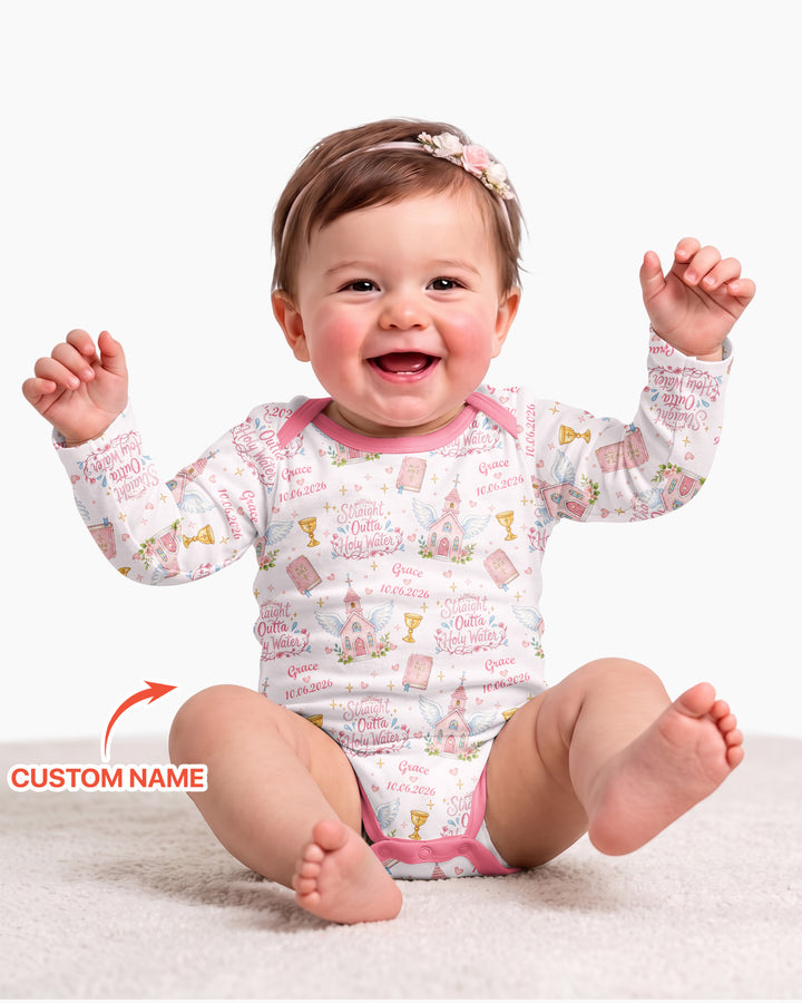 Custom Name Baptism Christening Straight Outta Holy Water Bamboo Bodysuit
