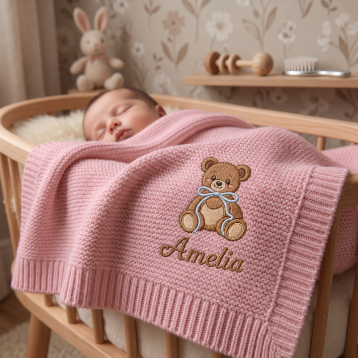 Honey Bear Embroidered Baby Cotton Blanket