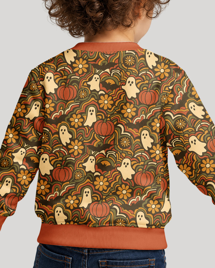 Retro Halloween Ghost Pumpkin Floral Bamboo Crewneck Sweatshirt