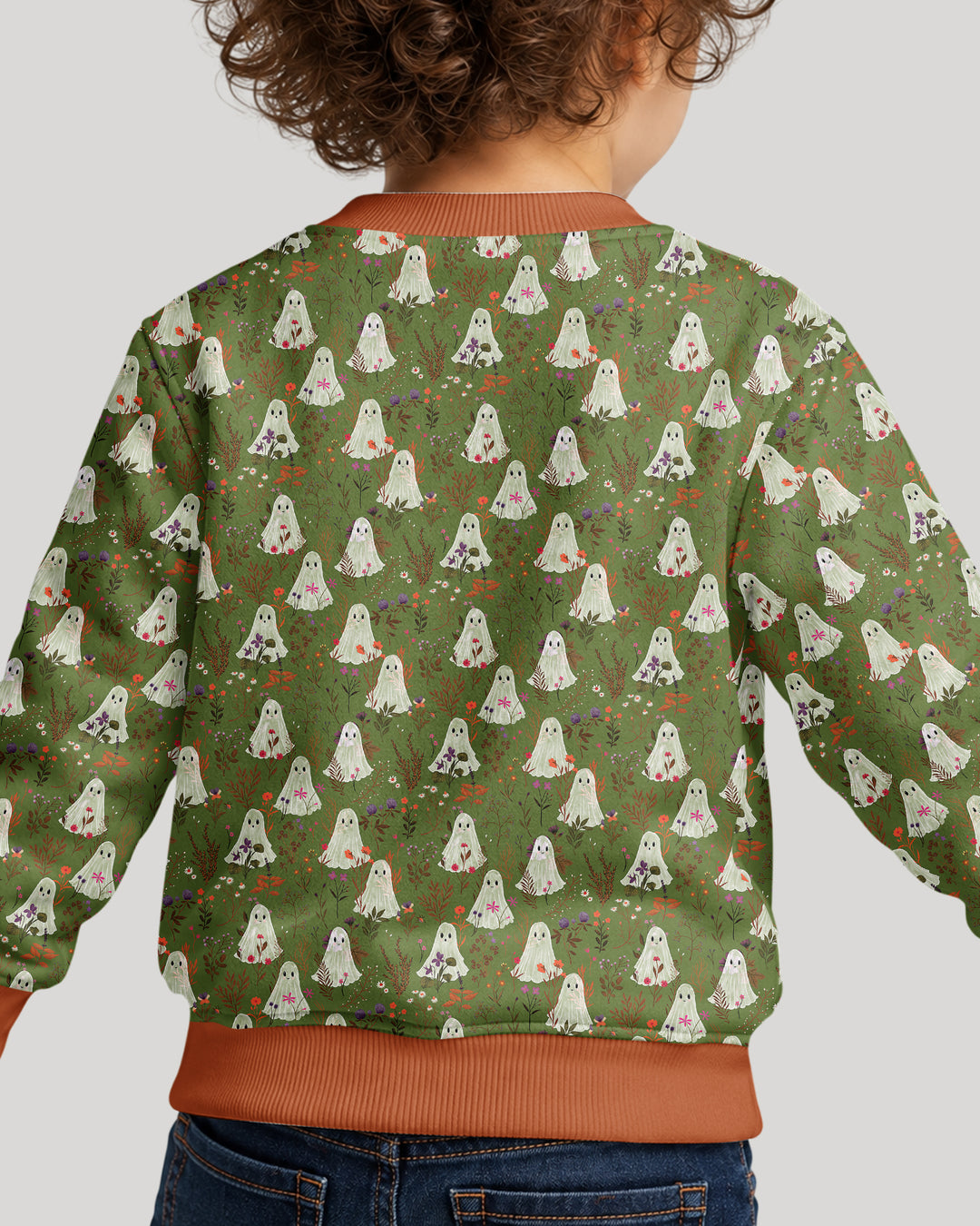 Cute Ghost Halloween Moss Green Floral Bamboo Crewneck Sweatshirt
