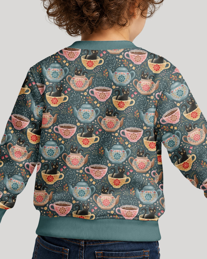 Folk Floral Black Cat Tea Party Bamboo Crewneck Sweatshirt