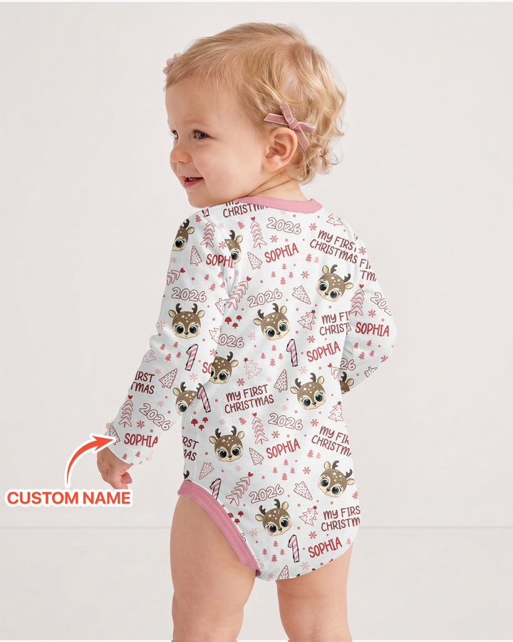 Custom Name Cute Reindeer My First Christmas Bamboo Bodysuit