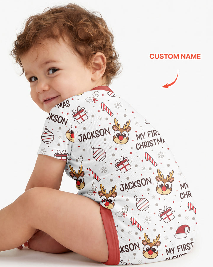 Custom Name Reindeer Doodle My First Christmas Bamboo Bodysuit