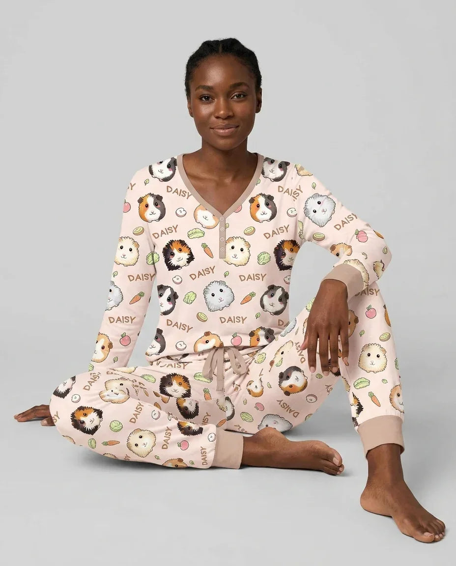Custom Name Cute Guinea Pigs Bamboo Women Pajama Set