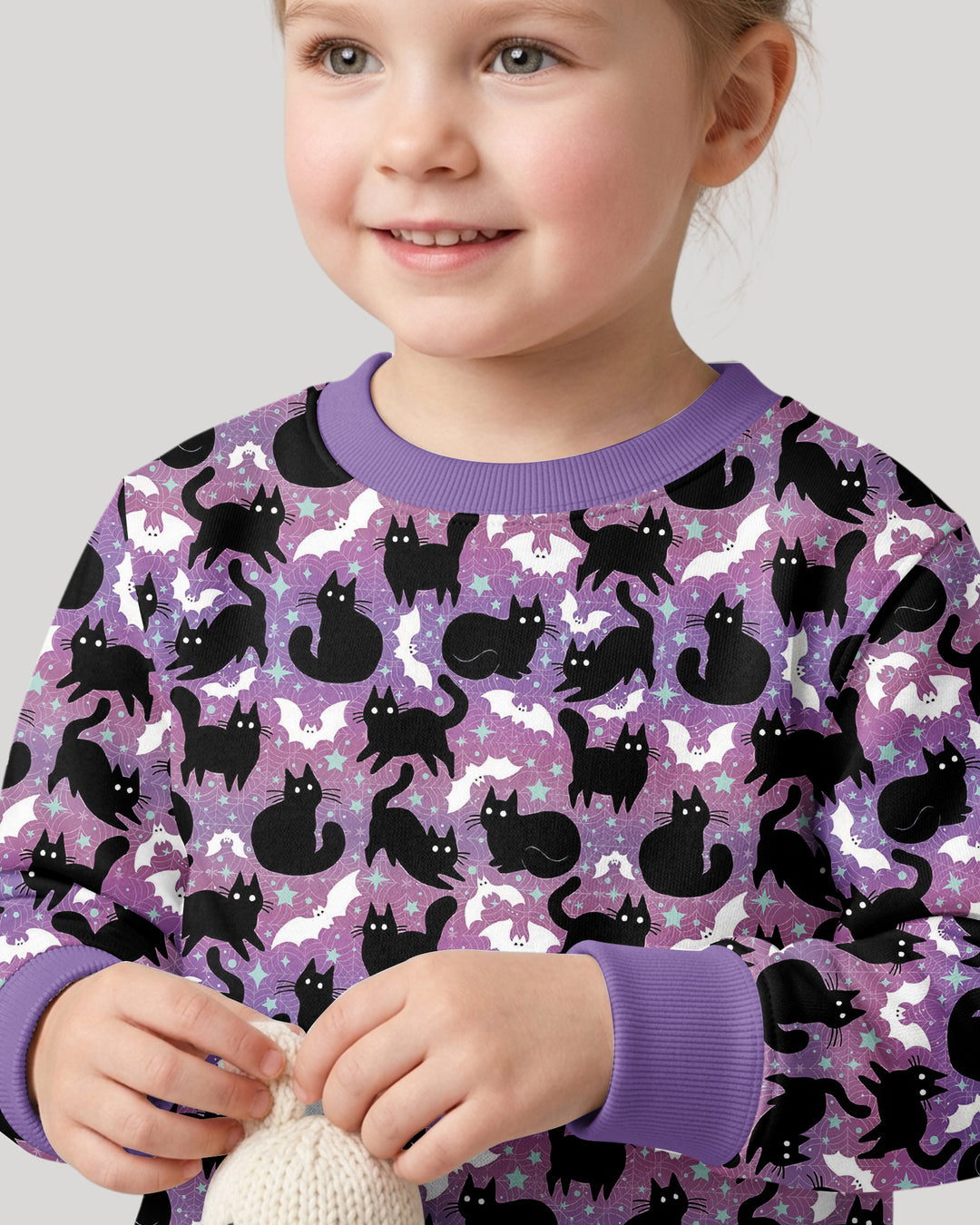 Spooky Black Cat Halloween Purple Bats Bamboo Crewneck Sweatshirt