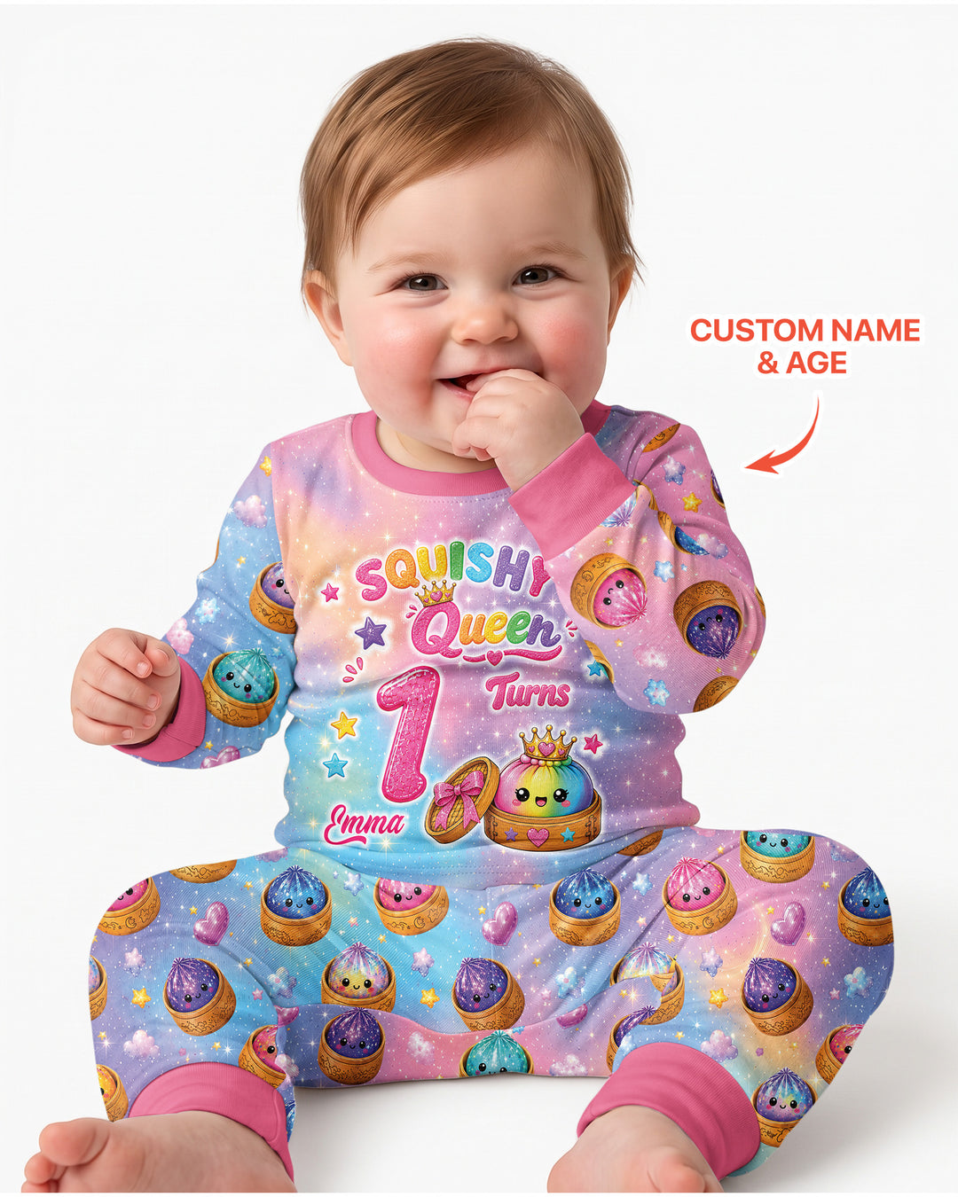 Glitter Dumpling Birthday Girl Custom Name & Age Bamboo Two Piece Long Sleeve Pajama Set