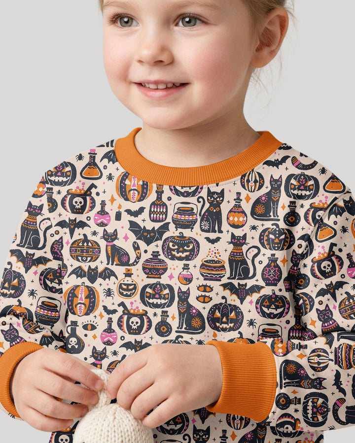 Whimsical Tribal Retro Halloween Black Cats Pumpkins Bamboo Crewneck Sweatshirt