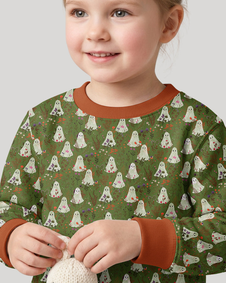 Cute Ghost Halloween Moss Green Floral Bamboo Crewneck Sweatshirt