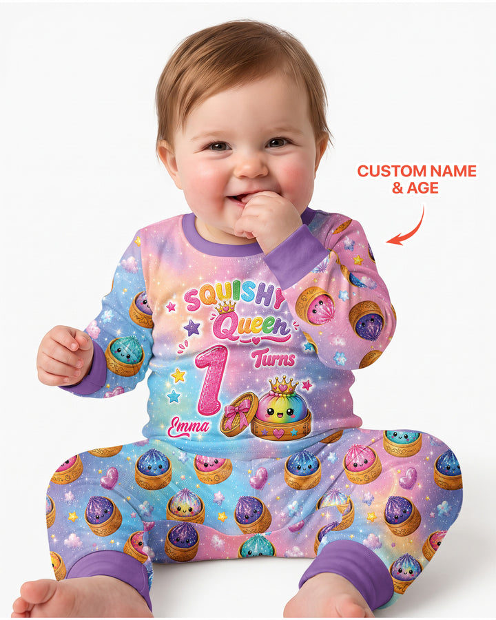 Glitter Dumpling Birthday Girl Custom Name & Age Bamboo Two Piece Long Sleeve Pajama Set