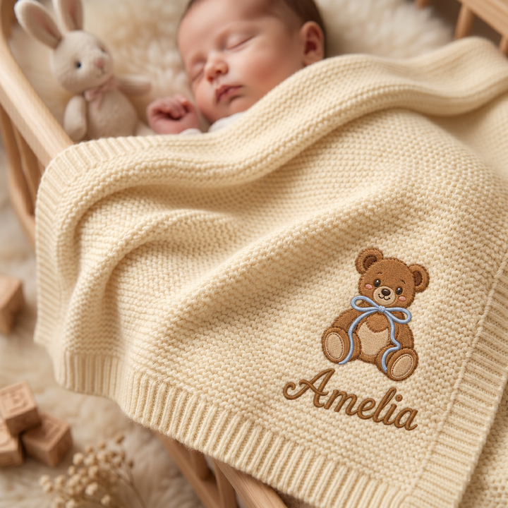 Honey Bear Embroidered Baby Cotton Blanket