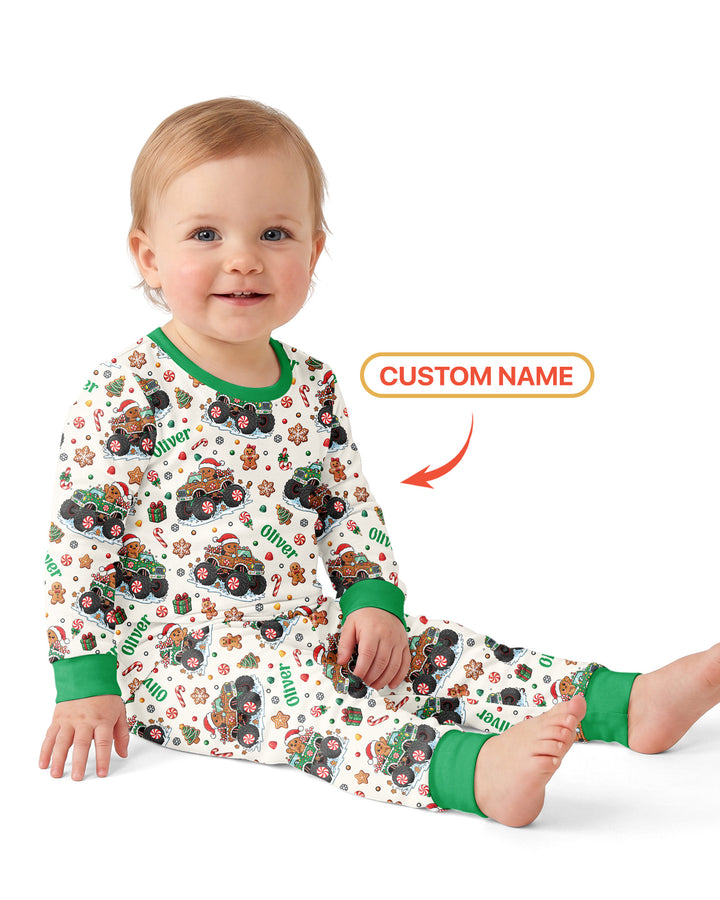 Custom Name Monster Truck Gingerbread Bamboo Two Piece Long Sleeve Pajama Set