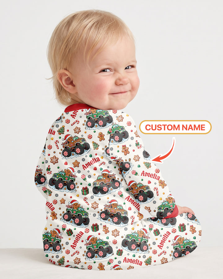 Custom Name Monster Truck Gingerbread Bamboo Two Piece Long Sleeve Pajama Set