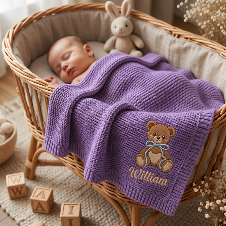 Honey Bear Embroidered Baby Cotton Blanket