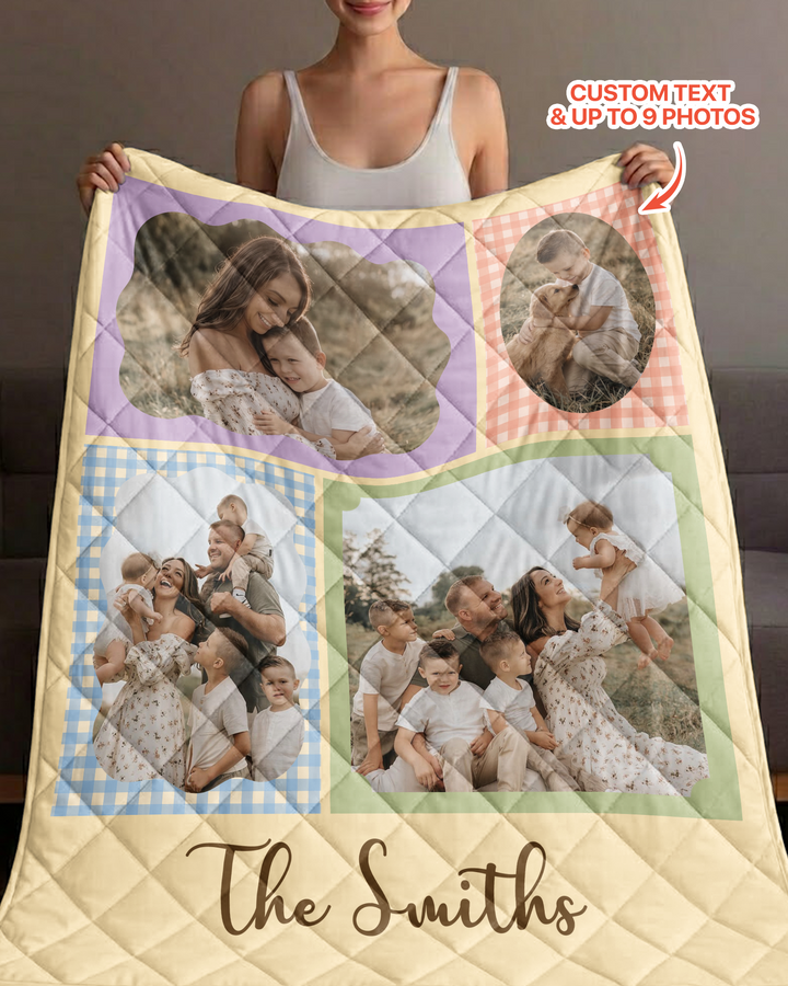 Custom Photo Gingham Family Bamboo Quilt Blanket