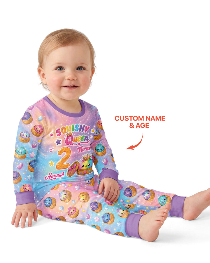 Glitter Dumpling Birthday Girl Custom Name & Age Bamboo Two Piece Long Sleeve Pajama Set