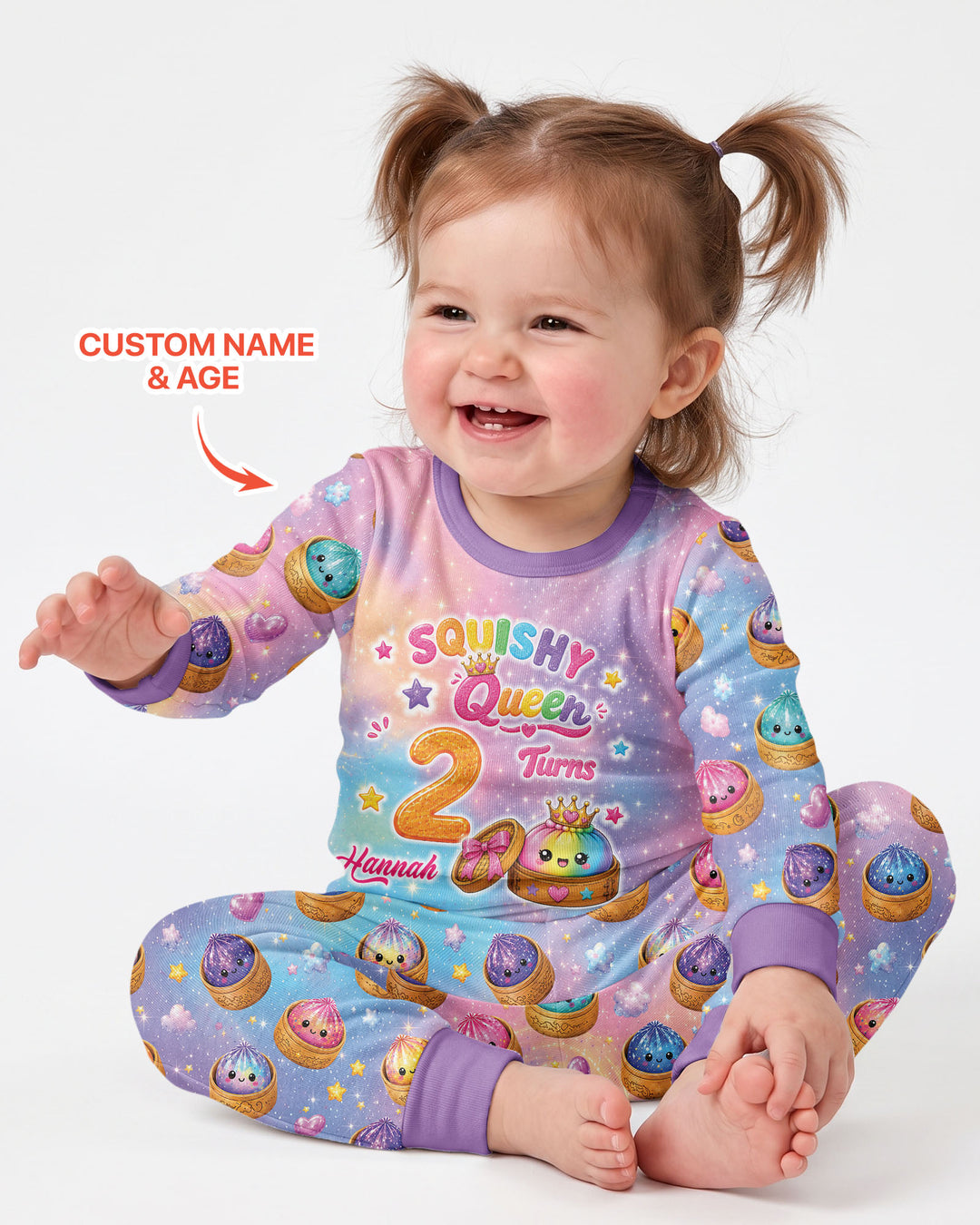 Glitter Dumpling Birthday Girl Custom Name & Age Bamboo Two Piece Long Sleeve Pajama Set