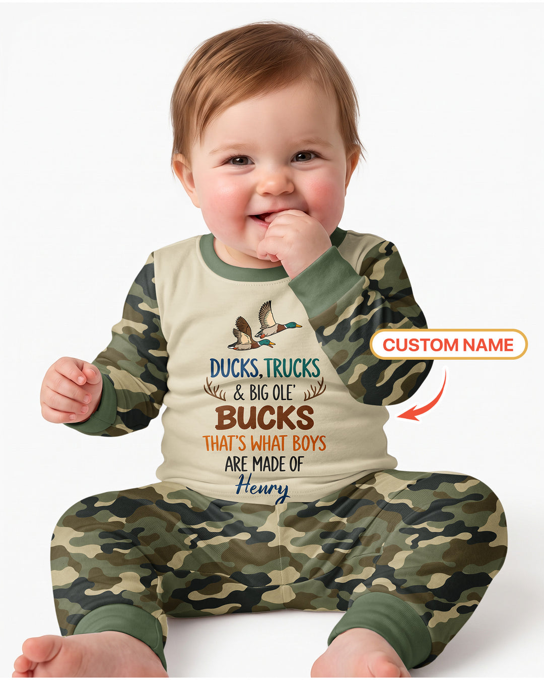 Custom Name Ducks, Trucks & Big Ole' Bucks Bamboo Two Piece Long Sleeve Pajama Set
