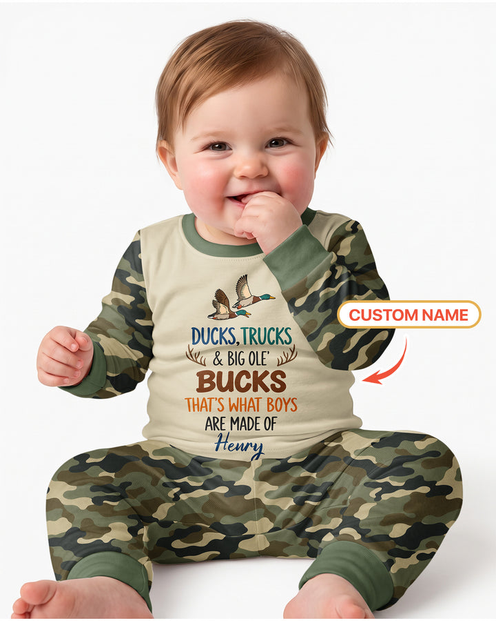 Custom Name Ducks, Trucks & Big Ole' Bucks Bamboo Two Piece Long Sleeve Pajama Set