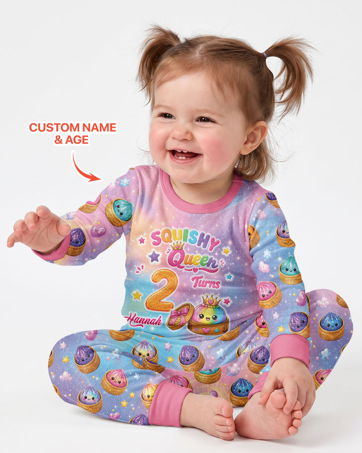 Glitter Dumpling Birthday Girl Custom Name & Age Bamboo Two Piece Long Sleeve Pajama Set