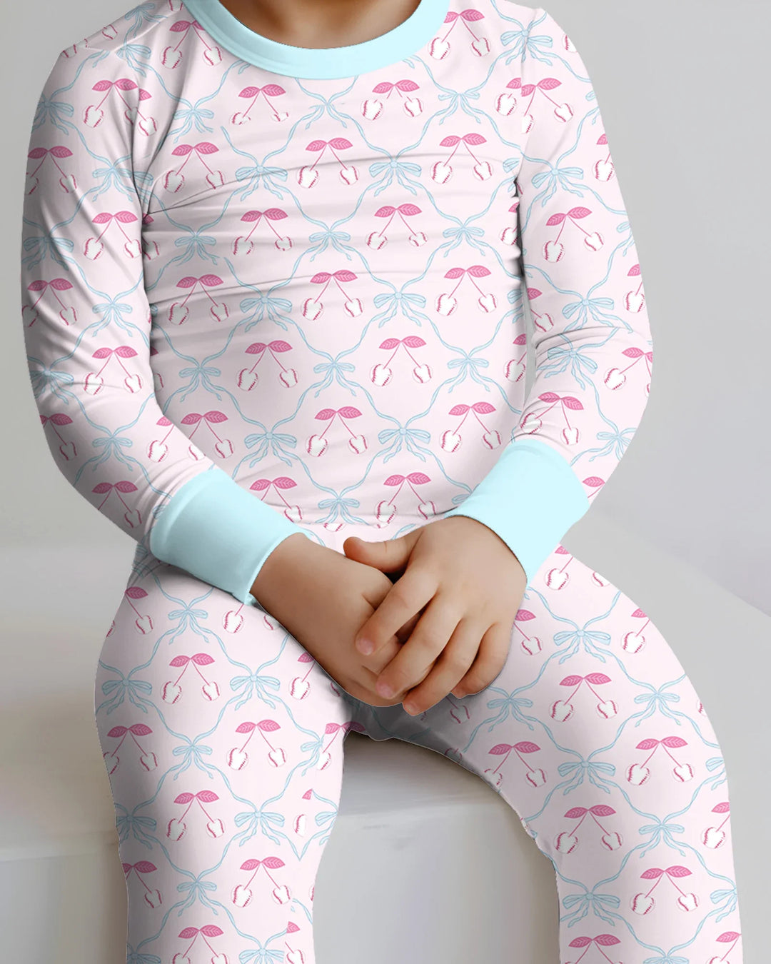 Cherry Baseball Softball Mom and Girl Matching Bamboo Two Piece Long Sleeve Pajama Set