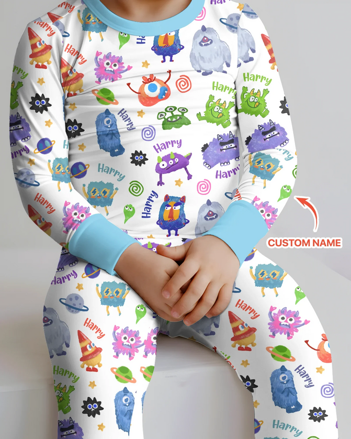 Monster Mash Crew Custom Name Bamboo Two Piece Long Sleeve Pajama Set