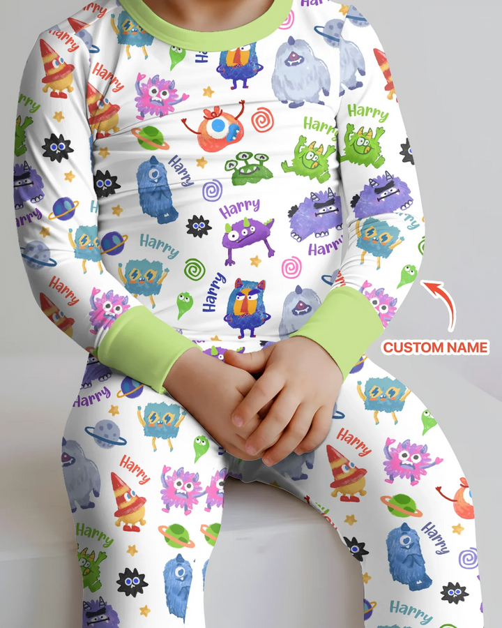 Monster Mash Crew Custom Name Bamboo Two Piece Long Sleeve Pajama Set