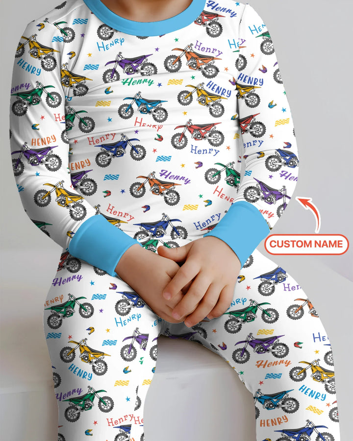 Dirt Track Dreamer Custom Name Daddy & Me Matching Bamboo Two Piece Long Sleeve Pajama Set