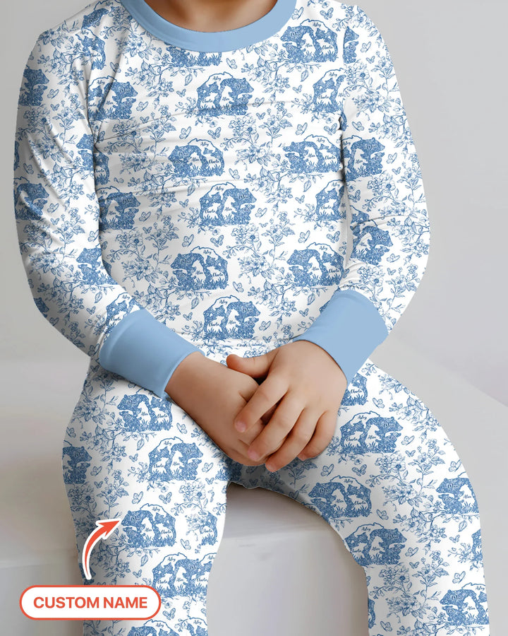 Custom Name Mama Bear Toile Bamboo Two Piece Long Sleeve Pajama Set