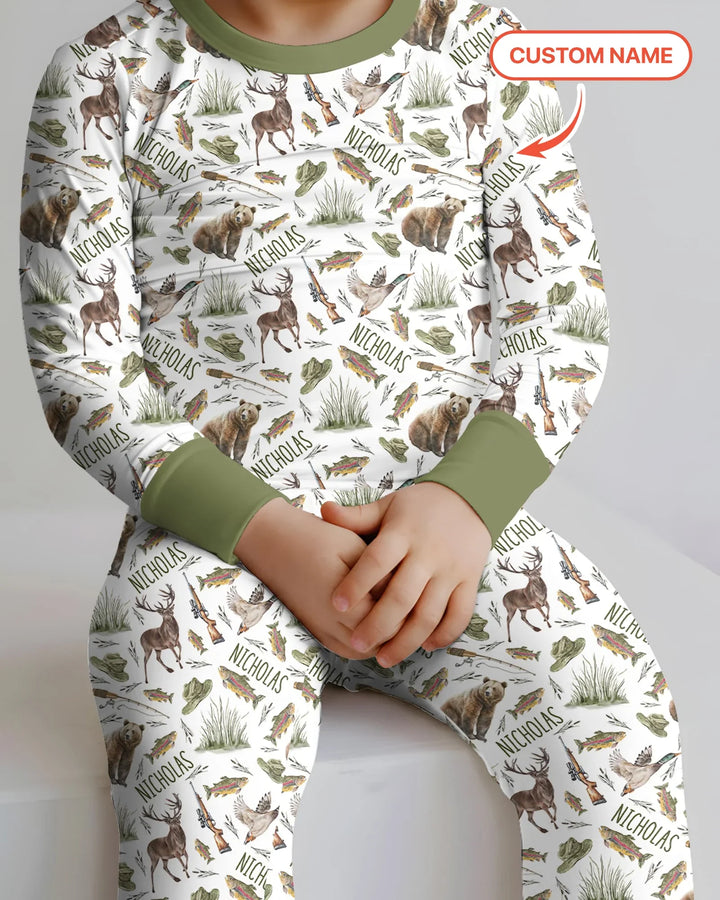 Custom Name Little Hunter Bamboo Two Piece Long Sleeve Pajama Set