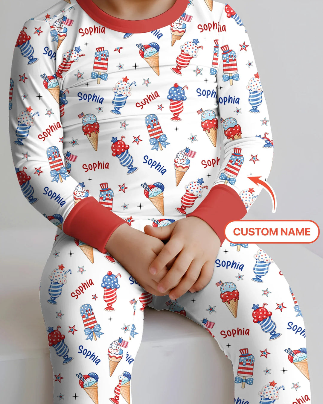 Custom Name Red, White & Ice Cream Bamboo Two Piece Long Sleeve Pajama Set