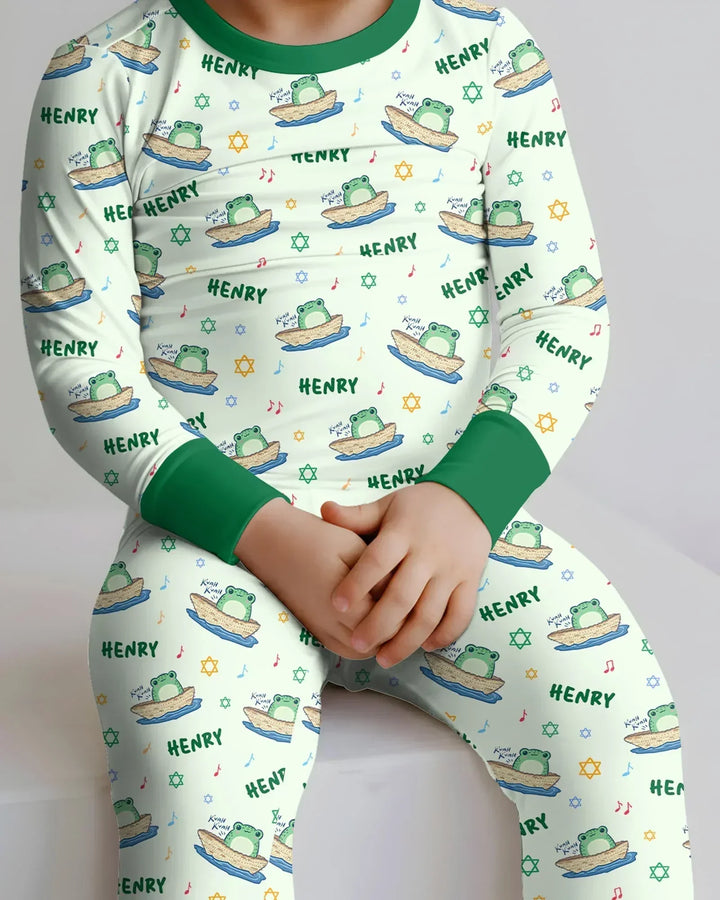 Frogs Here, Frogs There Passover Custom Name Bamboo Two Piece Long Sleeve Pajama Set