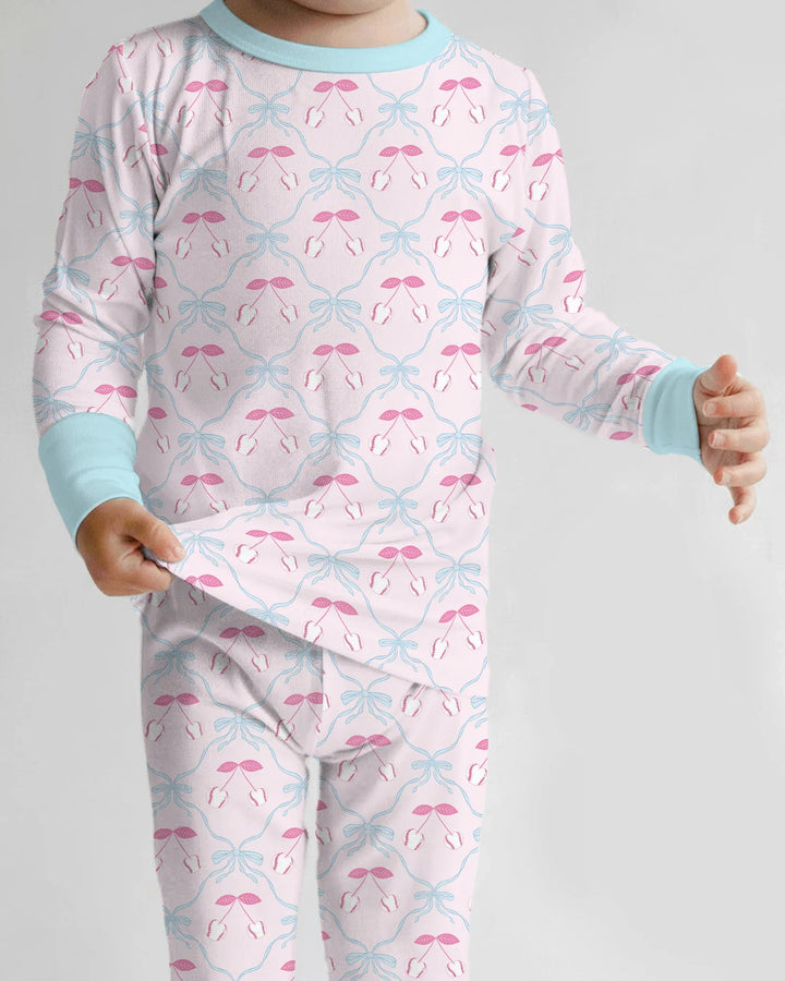 Cherry Baseball Softball Mom and Girl Matching Bamboo Two Piece Long Sleeve Pajama Set