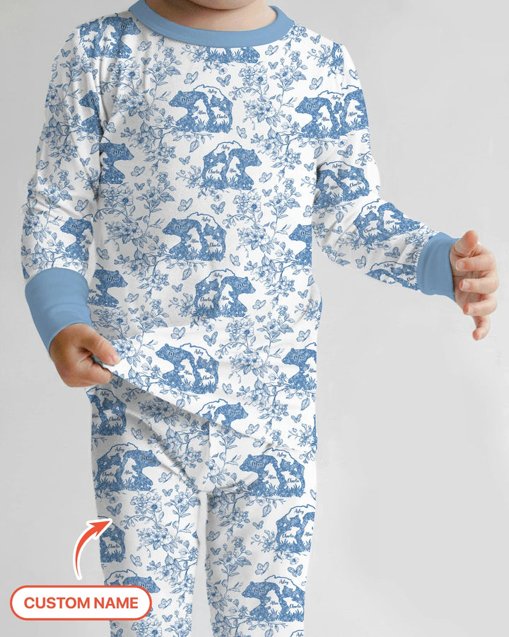 Custom Name Mama Bear Toile Bamboo Two Piece Long Sleeve Pajama Set