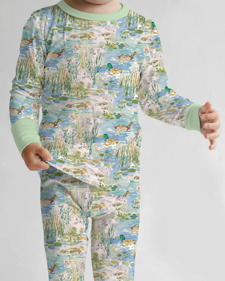 Watercolor Mallard Duck Bamboo Two Piece Long Sleeve Pajama Set