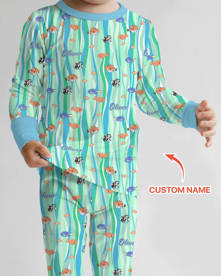 Custom Name Summer Beach Bamboo Two Piece Long Sleeve Pajama Set