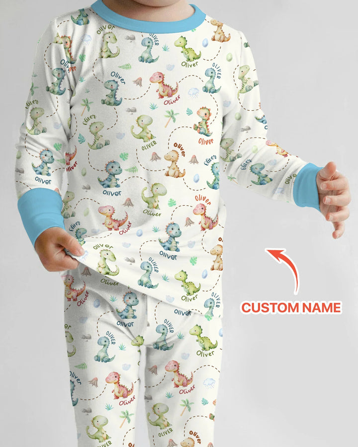 Personalized Dino Friends Bamboo Two Piece Long Sleeve Pajama Set