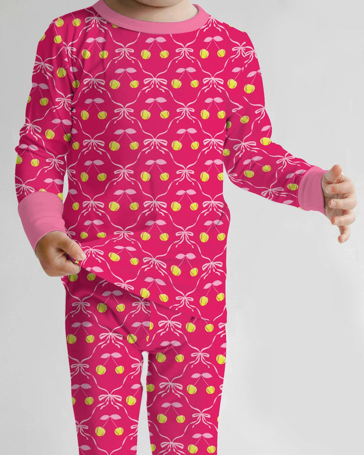 Cherry Baseball Softball Mom and Girl Matching Bamboo Two Piece Long Sleeve Pajama Set