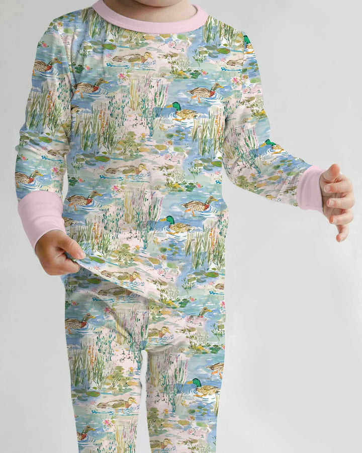 Watercolor Mallard Duck Bamboo Two Piece Long Sleeve Pajama Set
