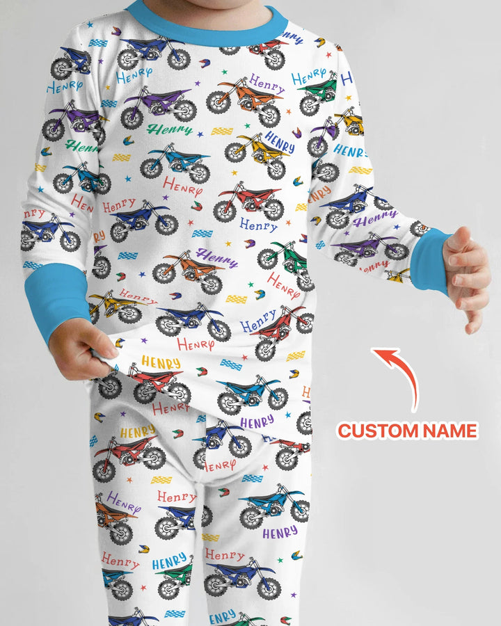 Dirt Track Dreamer Custom Name Daddy & Me Matching Bamboo Two Piece Long Sleeve Pajama Set