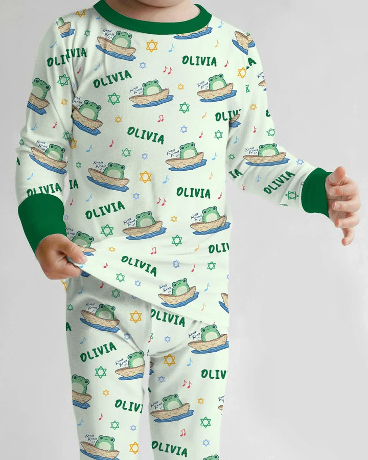 Frogs Here, Frogs There Passover Custom Name Bamboo Two Piece Long Sleeve Pajama Set
