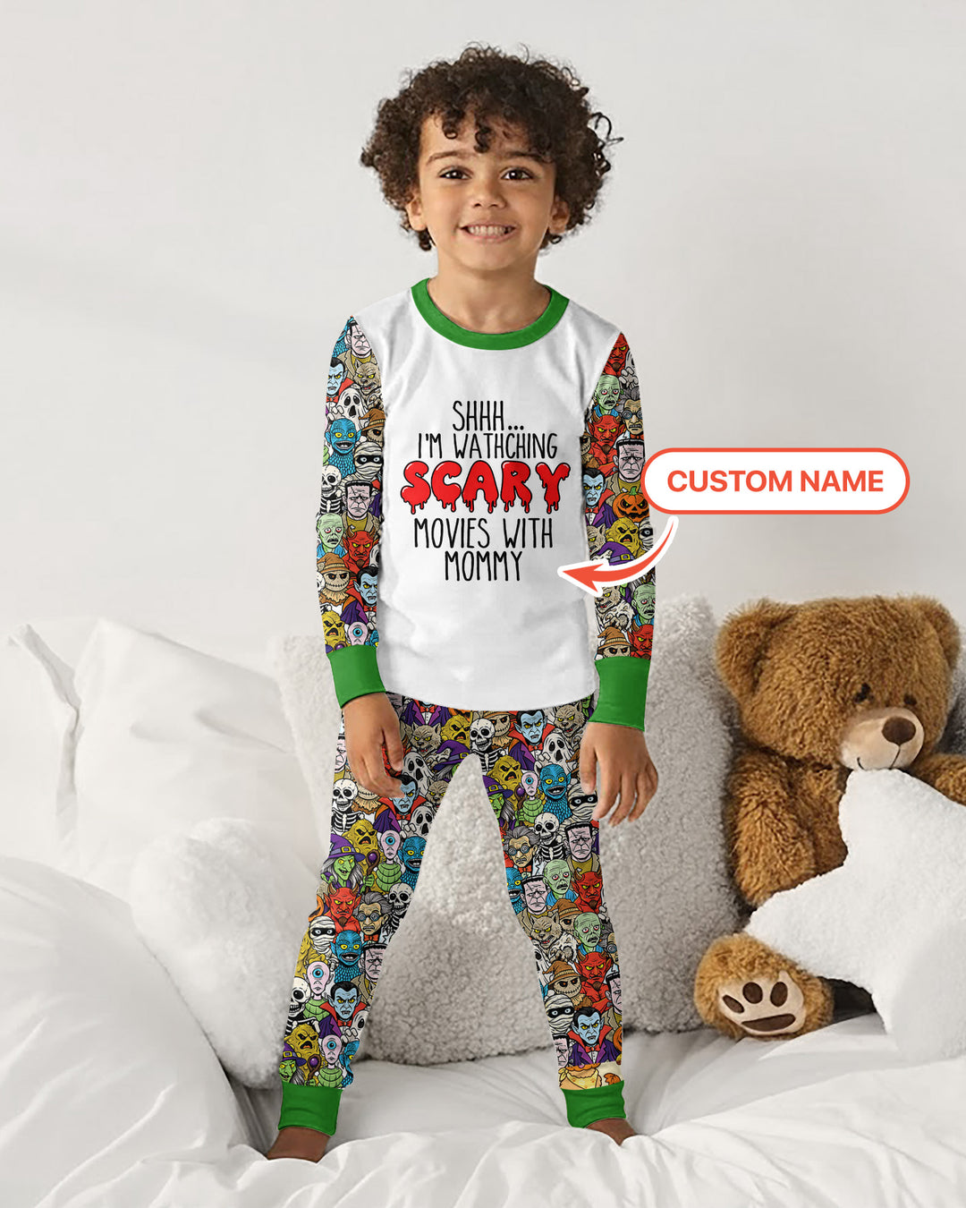 Personalized Shhh... I'm Watching Scary Movies With MOMMY Bamboo Two Piece Long Sleeve Pajama Set