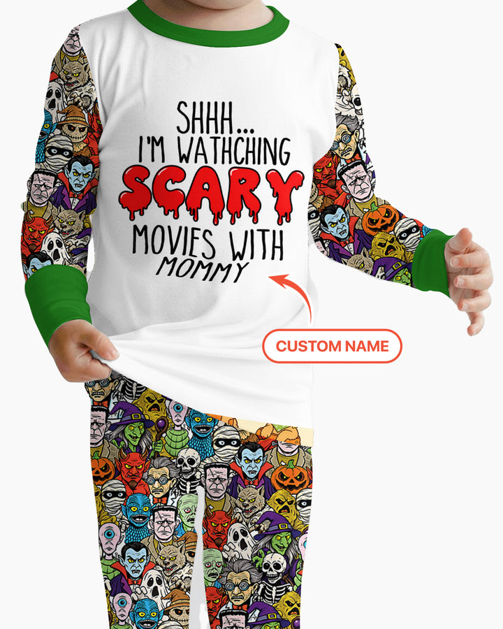 Personalized Shhh... I'm Watching Scary Movies With MOMMY Bamboo Two Piece Long Sleeve Pajama Set