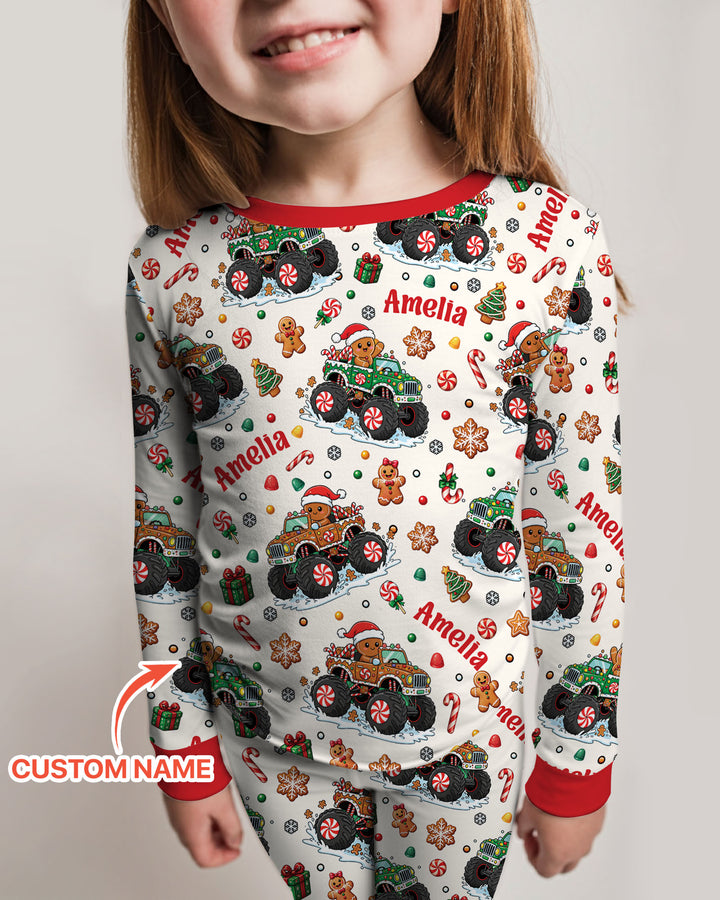 Custom Name Monster Truck Gingerbread Bamboo Two Piece Long Sleeve Pajama Set