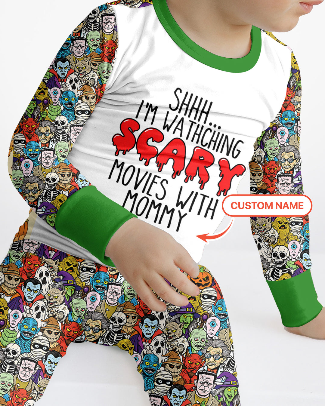 Personalized Shhh... I'm Watching Scary Movies With MOMMY Bamboo Two Piece Long Sleeve Pajama Set