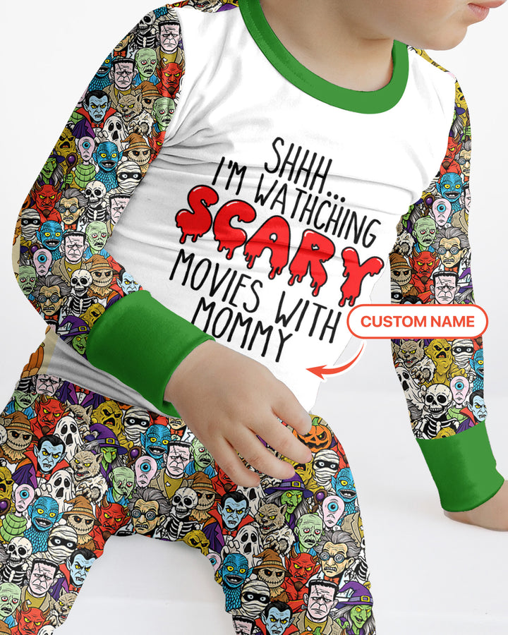 Personalized Shhh... I'm Watching Scary Movies With MOMMY Bamboo Two Piece Long Sleeve Pajama Set
