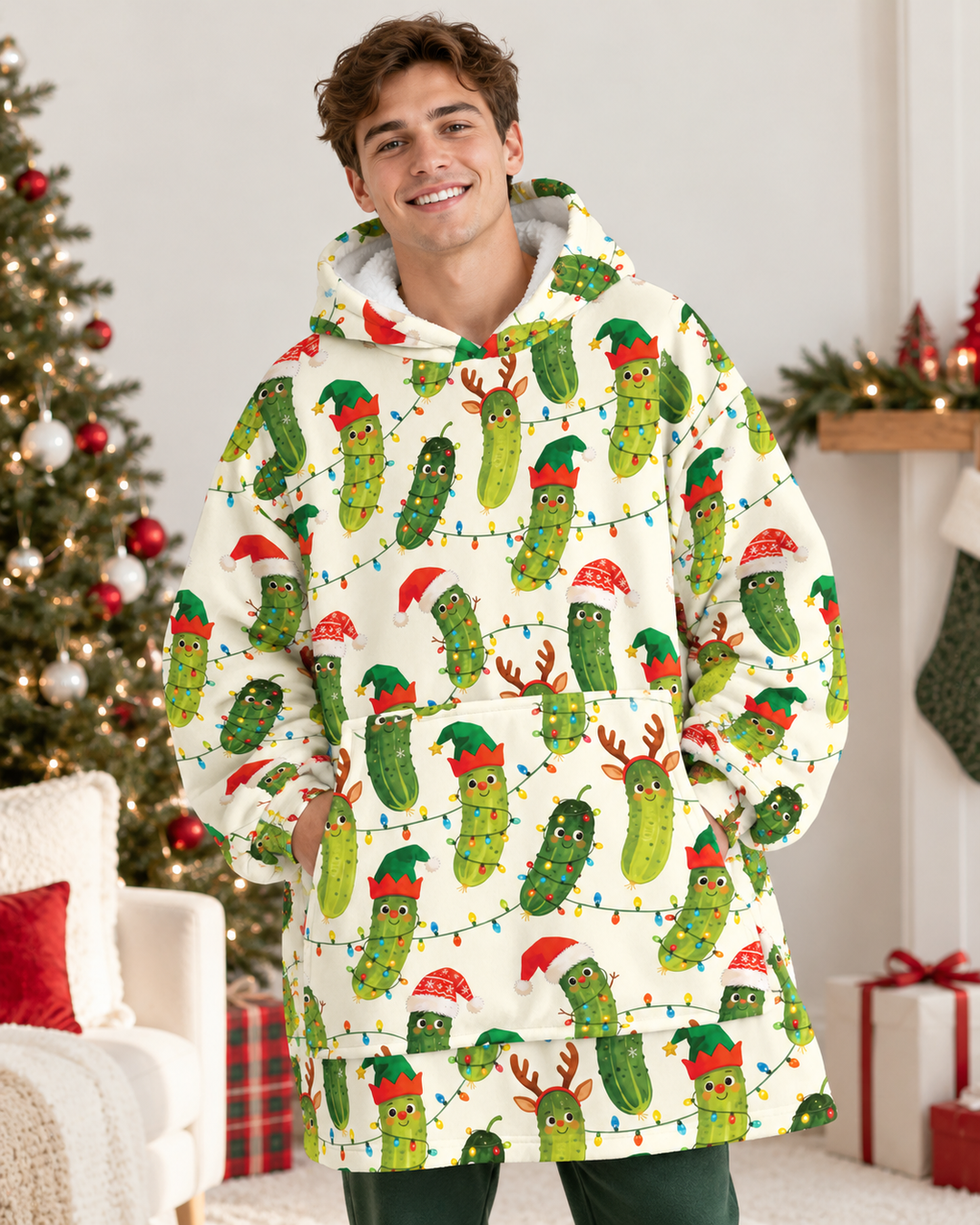 Cheerful Christmas Pickle Bamboo Blanket Hoodie