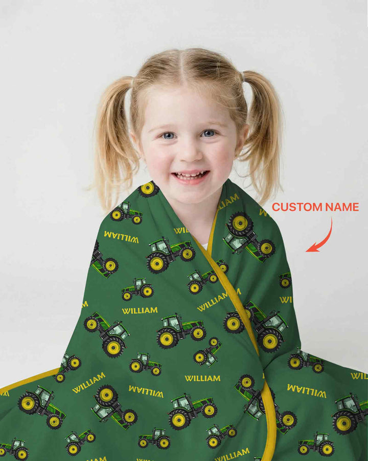 Custom Name Green Tractors Matching Daddy & Me Bamboo Blanket