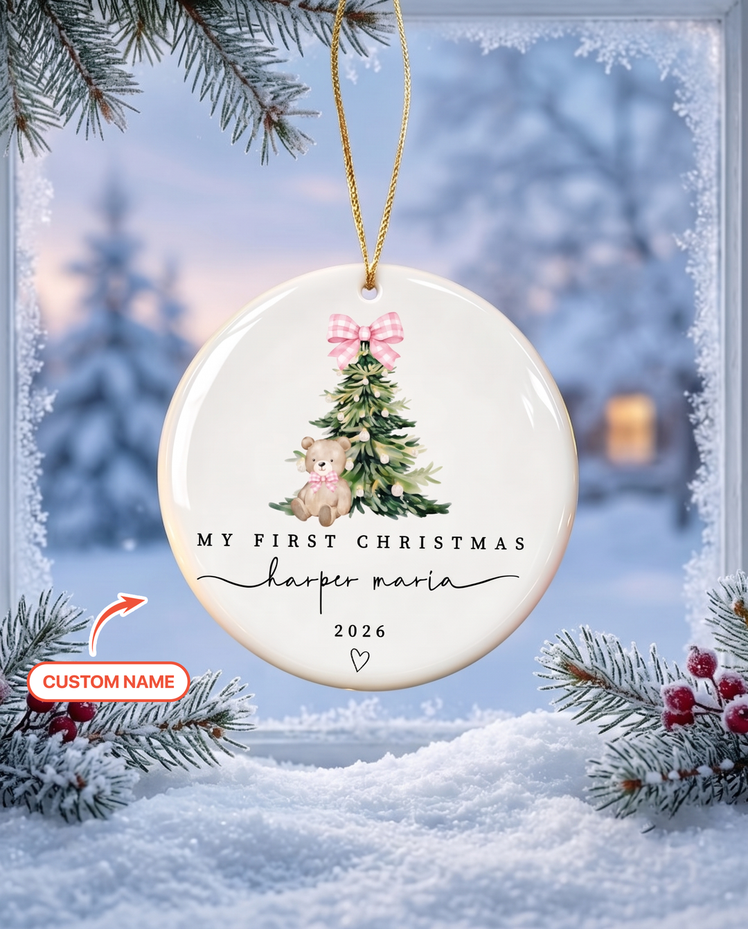 Custom Name First Christmas Teddy Bear Ceramic Ornament